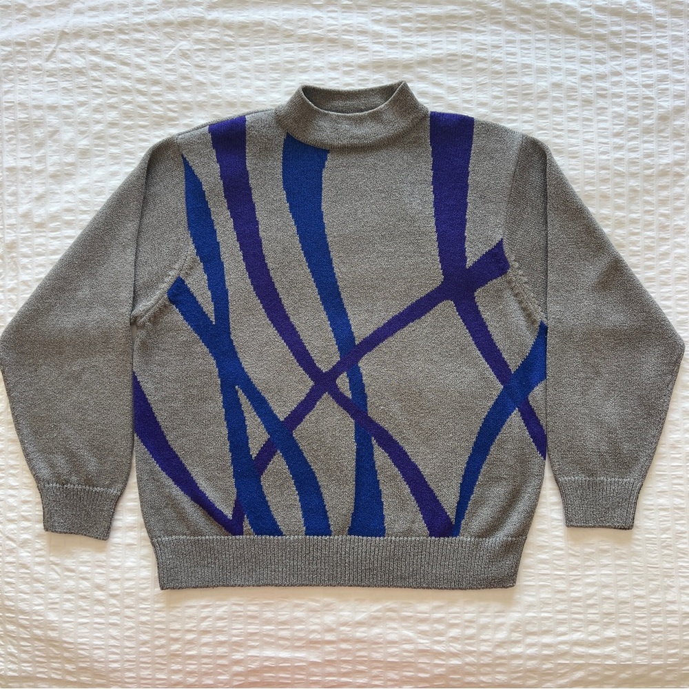 VTG 80s Alia Grey Knit Mockneck Sweater with Blue and Purple Abstract Print, L